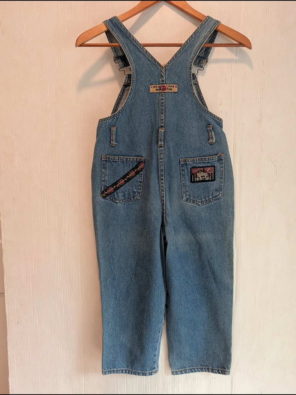 LOONEY TUNES Kids Blue Denim Overalls with Football Varsity Fun Patches Size 5
